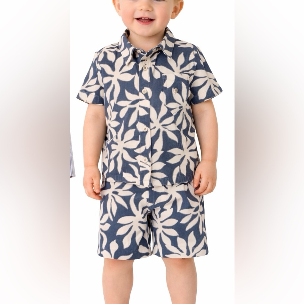 Eddie Bauer Set Size 3T Linen Blend Boys Blue & White‎ Tropical Print Short Set